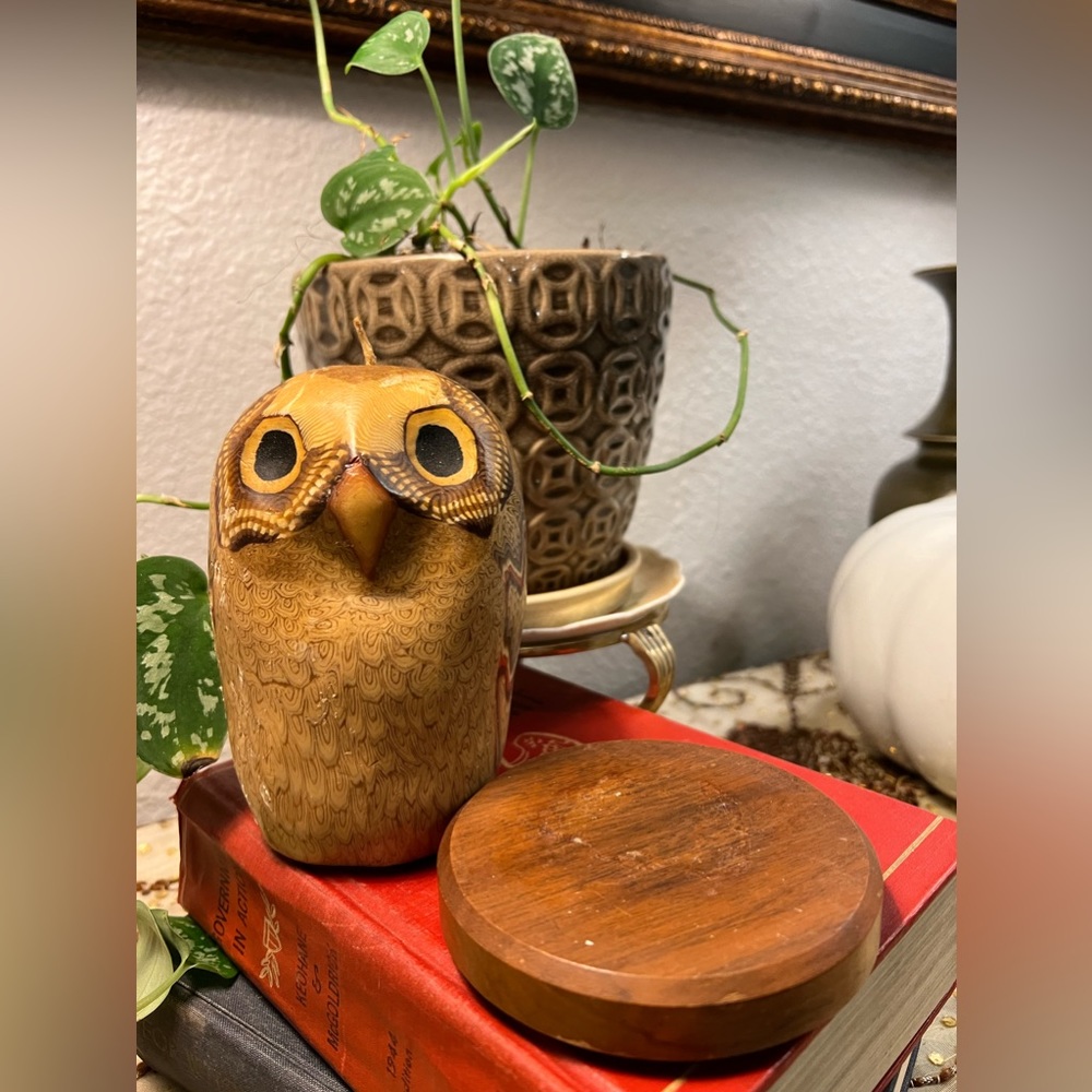Vintage Owl Wax Candle With Solid Walnut Vase 70s Retro Boho Mod Hip Bird Decor
